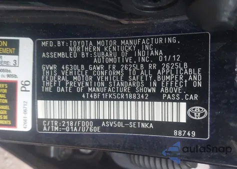 2012 Toyota Camry Le из США, поврежденный, VIN 4T4BF1FK5CR188342